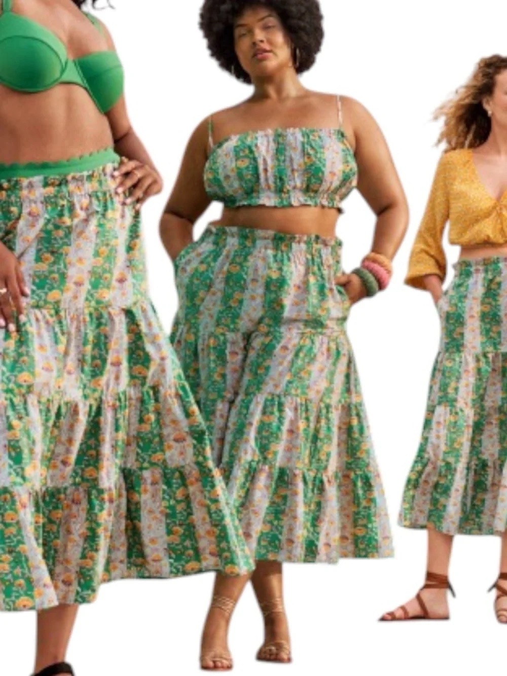 RHODE Green Floral Tiered Maxi Skirt